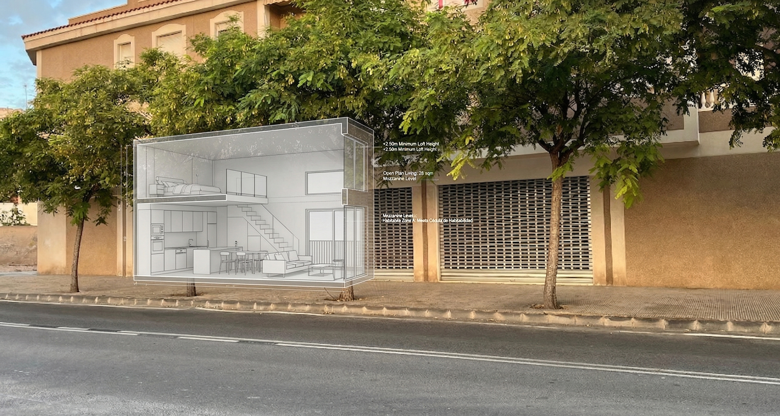 Fotografía de locales comerciales a pie de calle en Alicante con persianas metálicas cerradas y árboles, mostrando una superposición de un plano arquitectónico técnico que visualiza el potencial de viabilidad para cambio de uso a vivienda residencial.