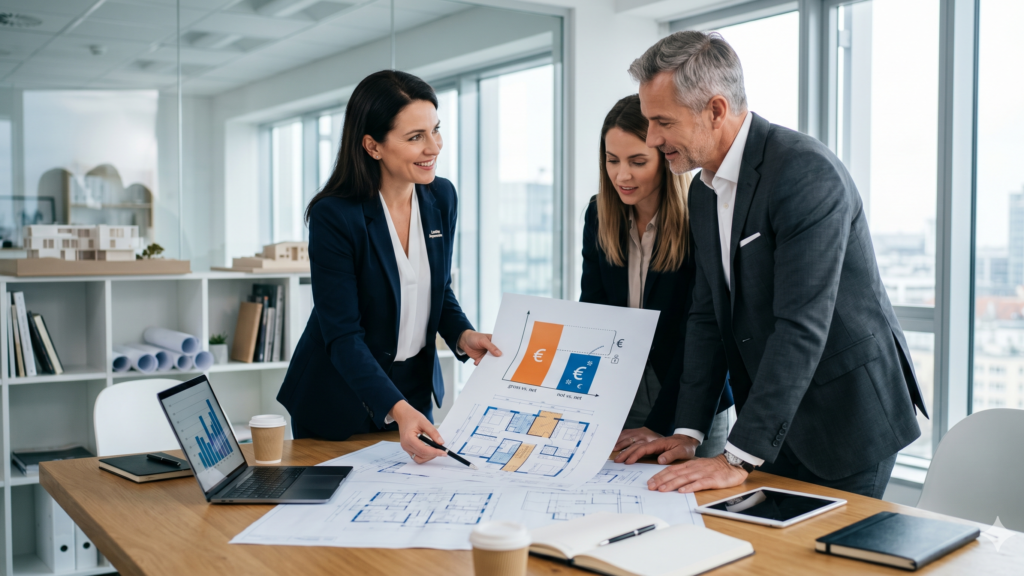 Arquitectos de Levita Properties explicando rentabilidad bruta y neta a inversores Arquitecta de Levita Properties señalando un gráfico comparativo de rentabilidad bruta versus neta sobre planos inmobiliarios, junto a dos inversores en una oficina profesional